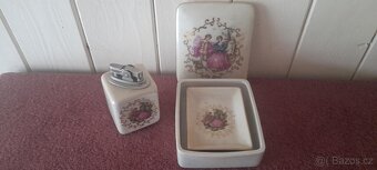 LUXUSNÍ VINTAGE PORCELÁNOVÝ SET ZAPALOVAČ KRABIČKA A 2 POPEL - 3