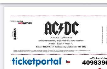 ACDC Praha 26.6.2025 Listky na sedenie sektor A/ r16 - 3