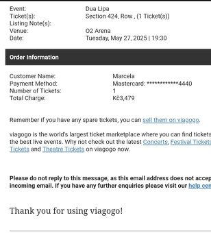 Listek na koncert Dua Lipa UT 27.5. - sekce 424 - 3