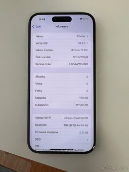 iPhone 15 Pro 128 GB , zánovní , záruka cca 20 měs - 3
