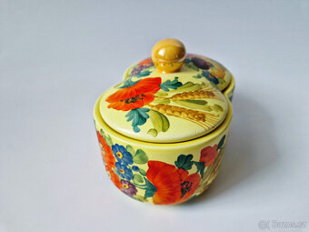 Stará keramická dóza ruční malba asi malírna Klenčí 30léta - 3
