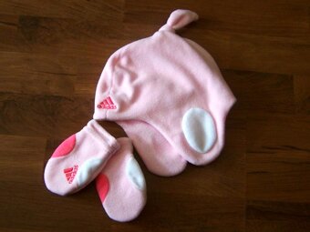 082 - Dívčí růžový setík Adidas = čepička + rukavičky XXS - 3