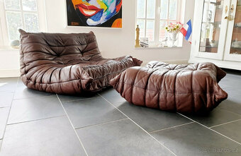TOGO Ligne Roset Pohovky 2x 2místná + podnožka kožená hnědá - 3