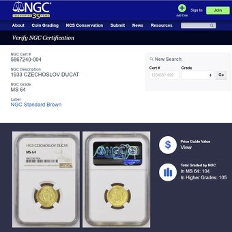 Svatováclavský dukát 1933, certifikace NGC MS 64 - 3