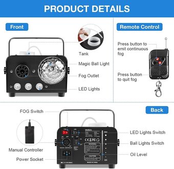 MOSFiATA 600W Smoke Machine RGB LED světla, - 3