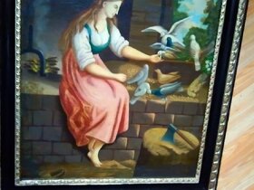 Obraz olej na plátně. BIDERMEIER Dívka krmící holuby. - 3