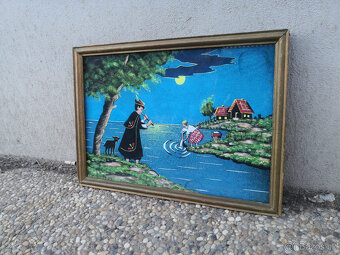 Starožitný obraz maľba na textile zarámovaný zo sklom 25,9x - 3