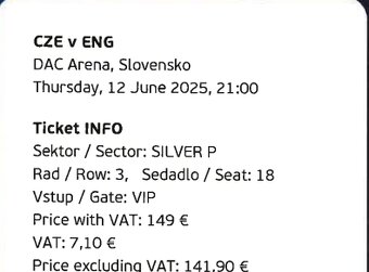 2x VIP vstupenka Česko vs Anglie - ME Slovensko U21 - 3