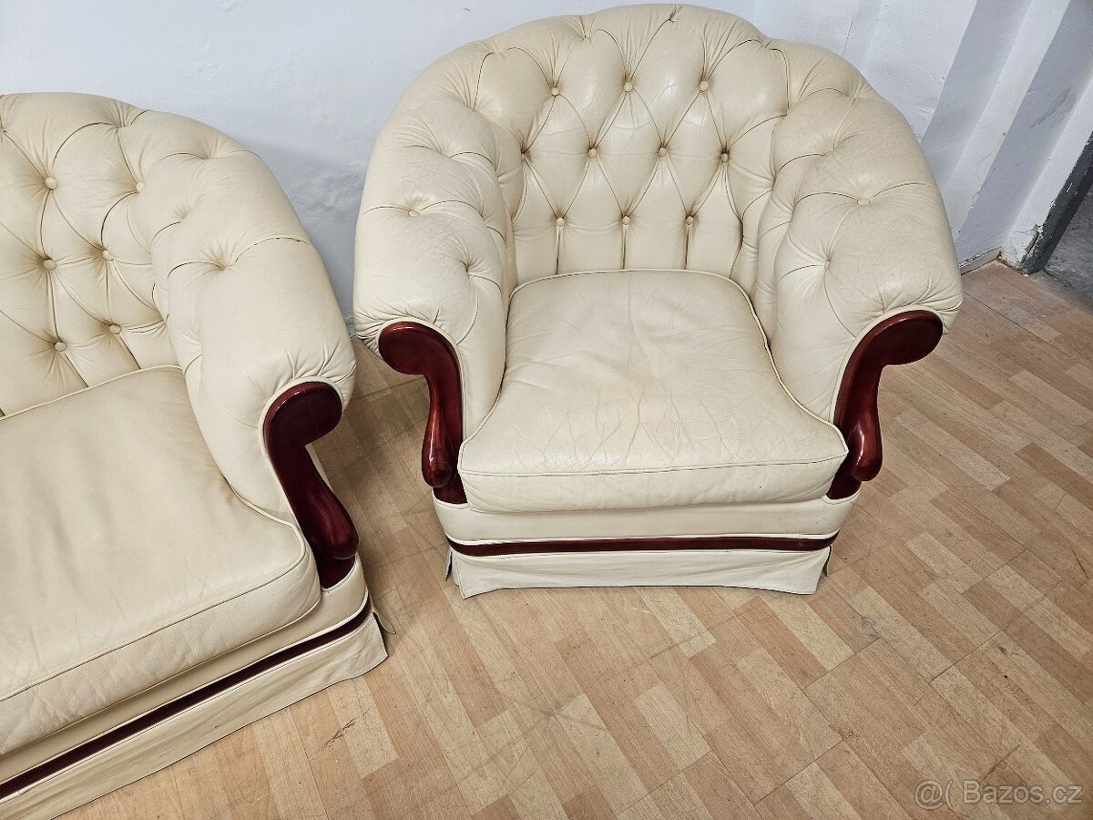 CHESTERFIELD ŠTÝL 2+1+1 KOŽENÁ,KOMB.S DREVOM - 4