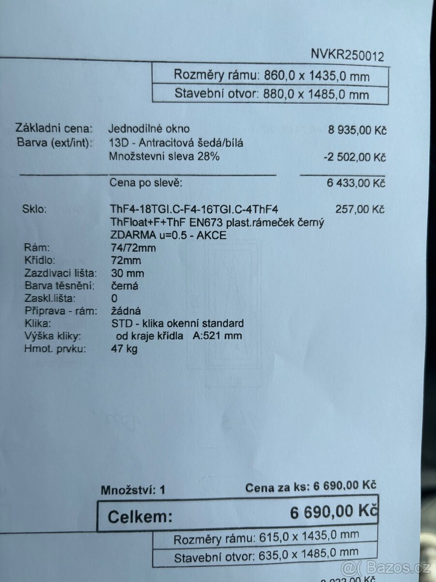 Okno PVC Gealan 860x1435MM, antracit/bílá, trojsklo Ug=0,5 - 4