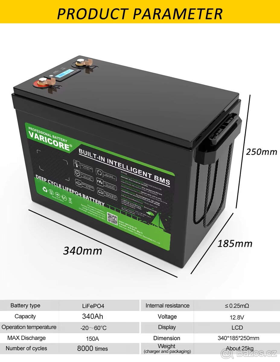 baterie LiFePO4 baterie VariCore 12.8V 340Ah s BMS, 4KW - 4