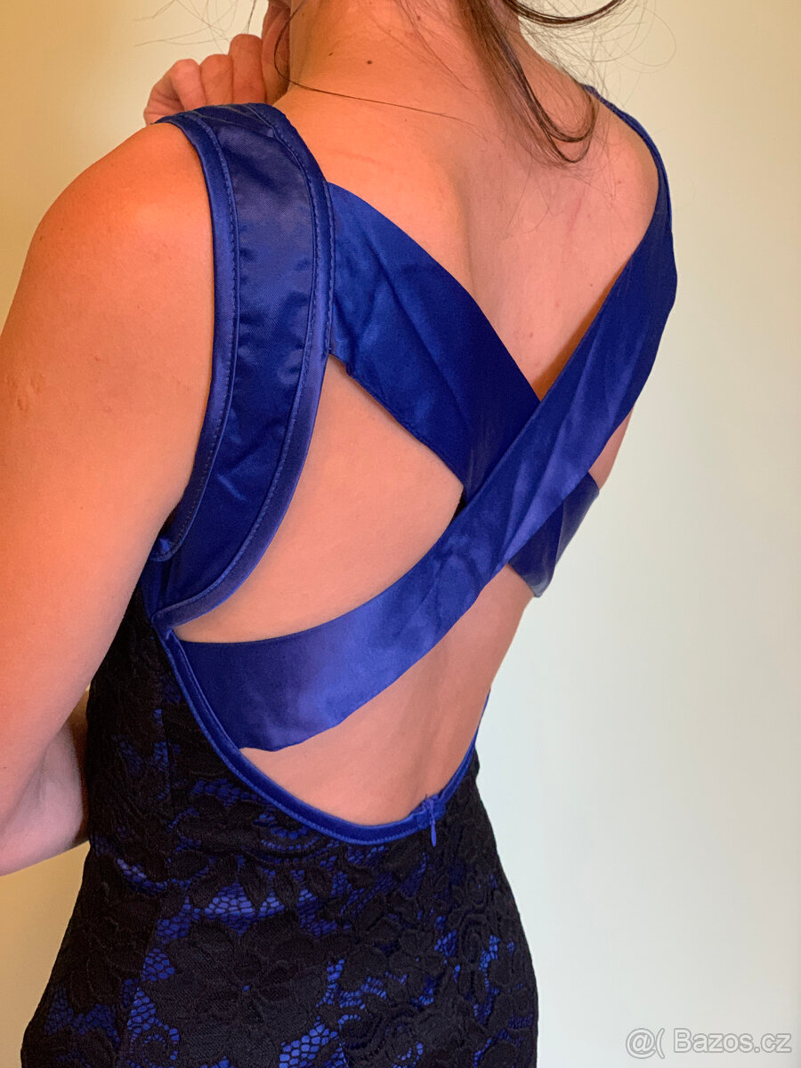 Saténové dlouhé šaty s krajkou, modré, vel.S/M - 4