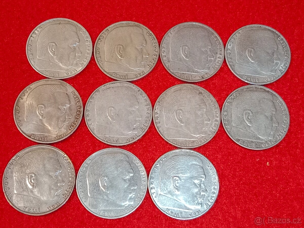 Stříbrné marky 38 ks - 2 marky, 5 marky dva druhy - 4