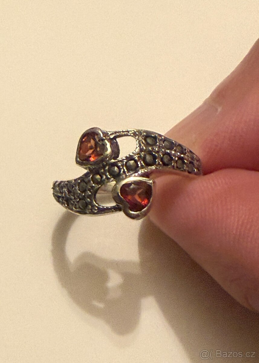 Stříbrný prsten přírodní granáty, markazity - 4