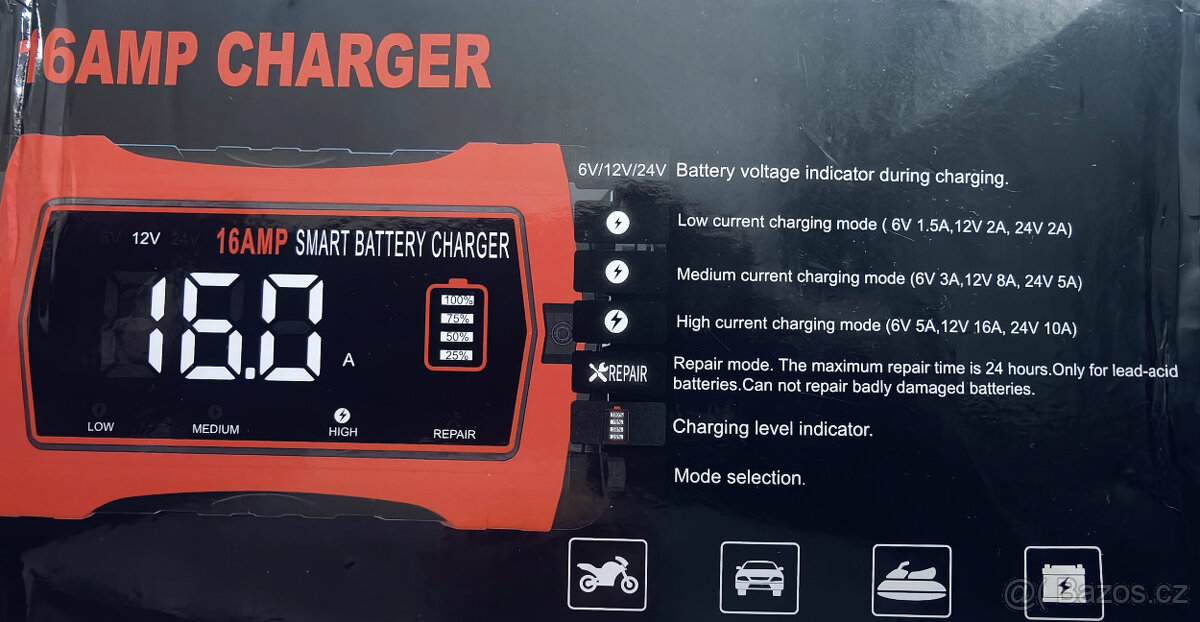 Nabíječka autobaterie, automat 6,12,24V,16A nová - 4