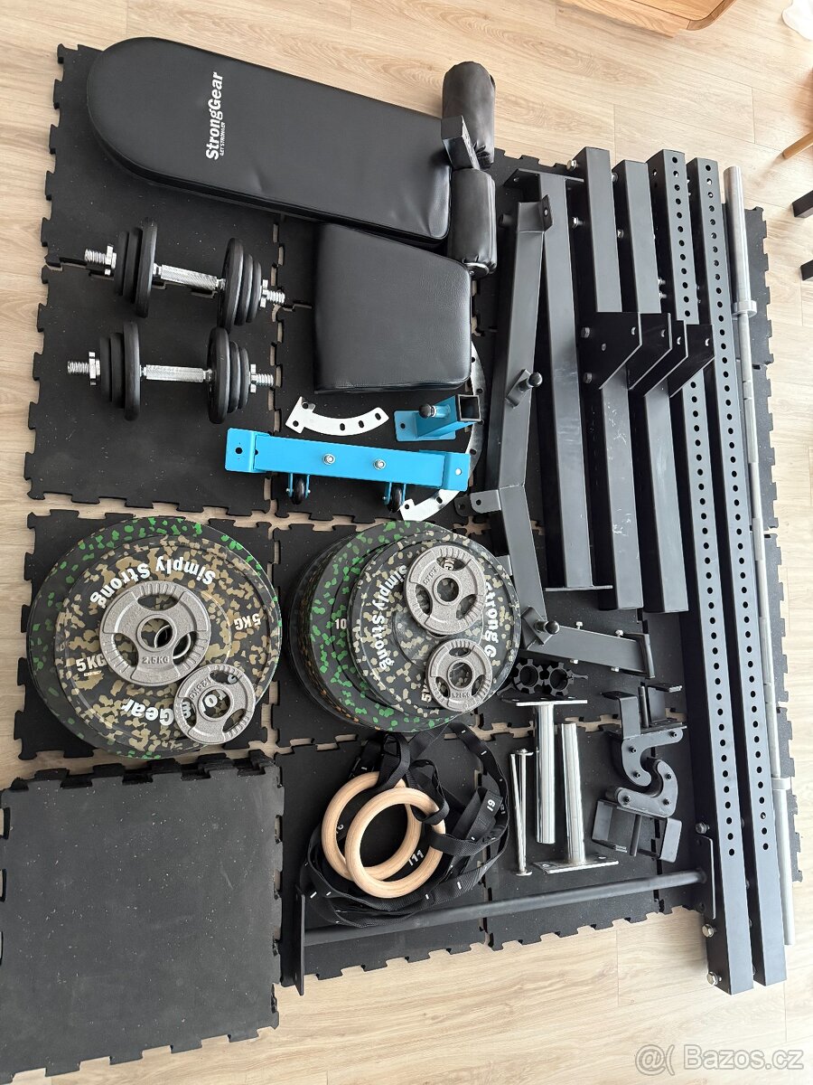 Dřepovací stojan, olympijská osa, kotouče, lavice atd - 4