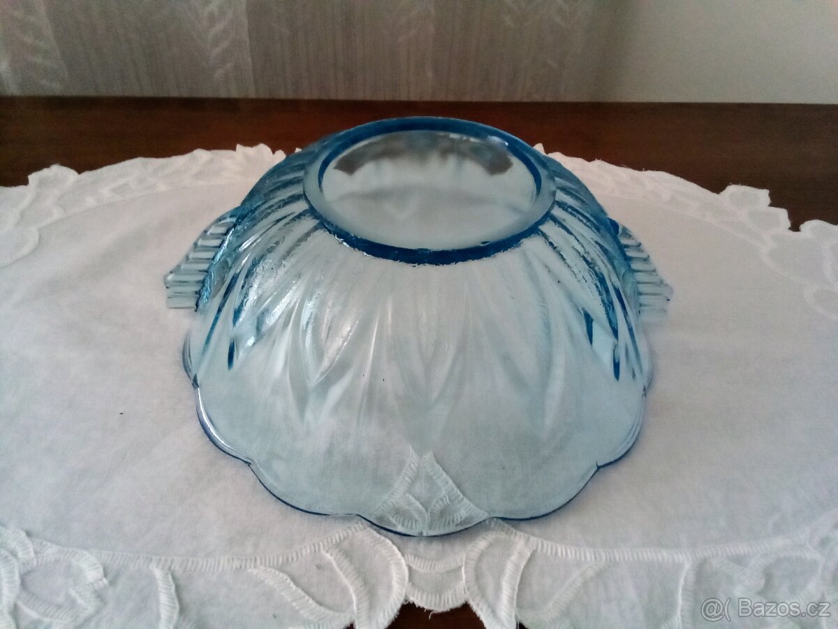 Starožitná art Deco mísa - akvamarinové sklo - 4