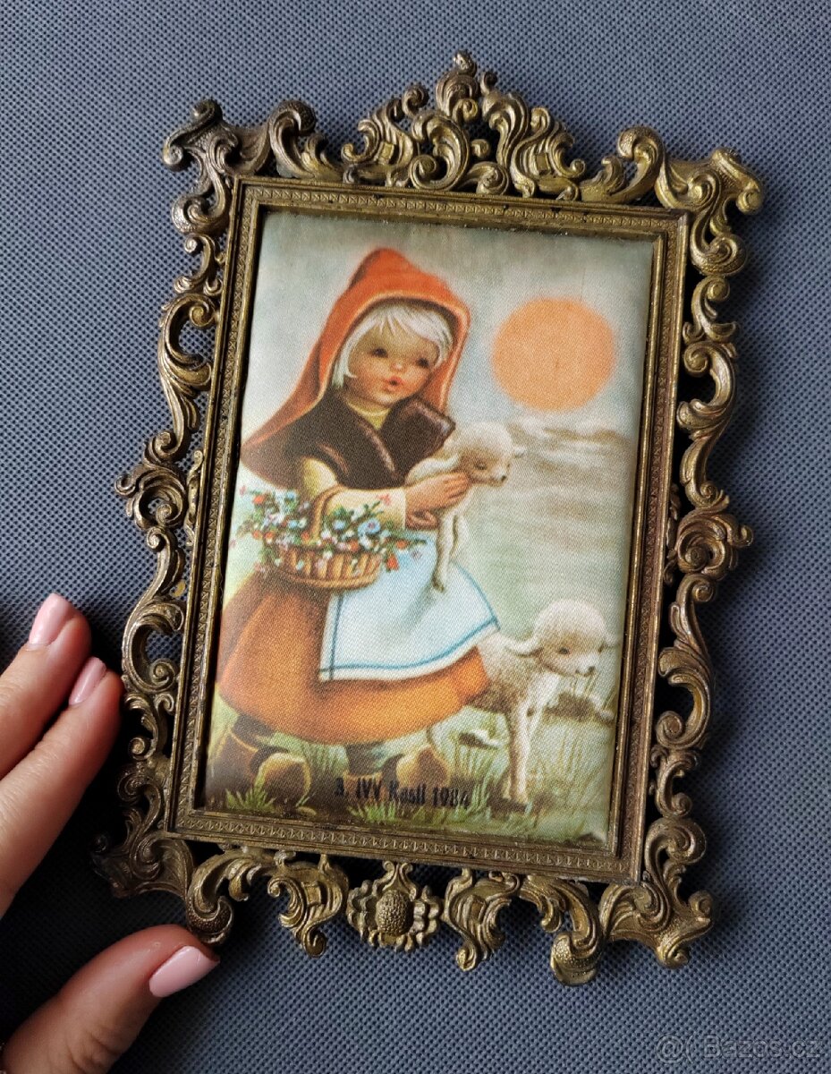 Nádherný obrázek na hedvábí v mosazném ramu (Itálie) - 4