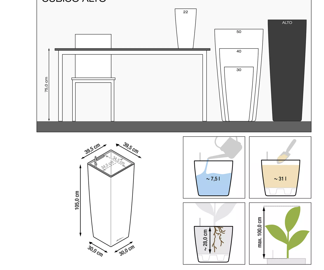 Lechuza Cubico Alto 40 Samozavlažovací květináč - 4