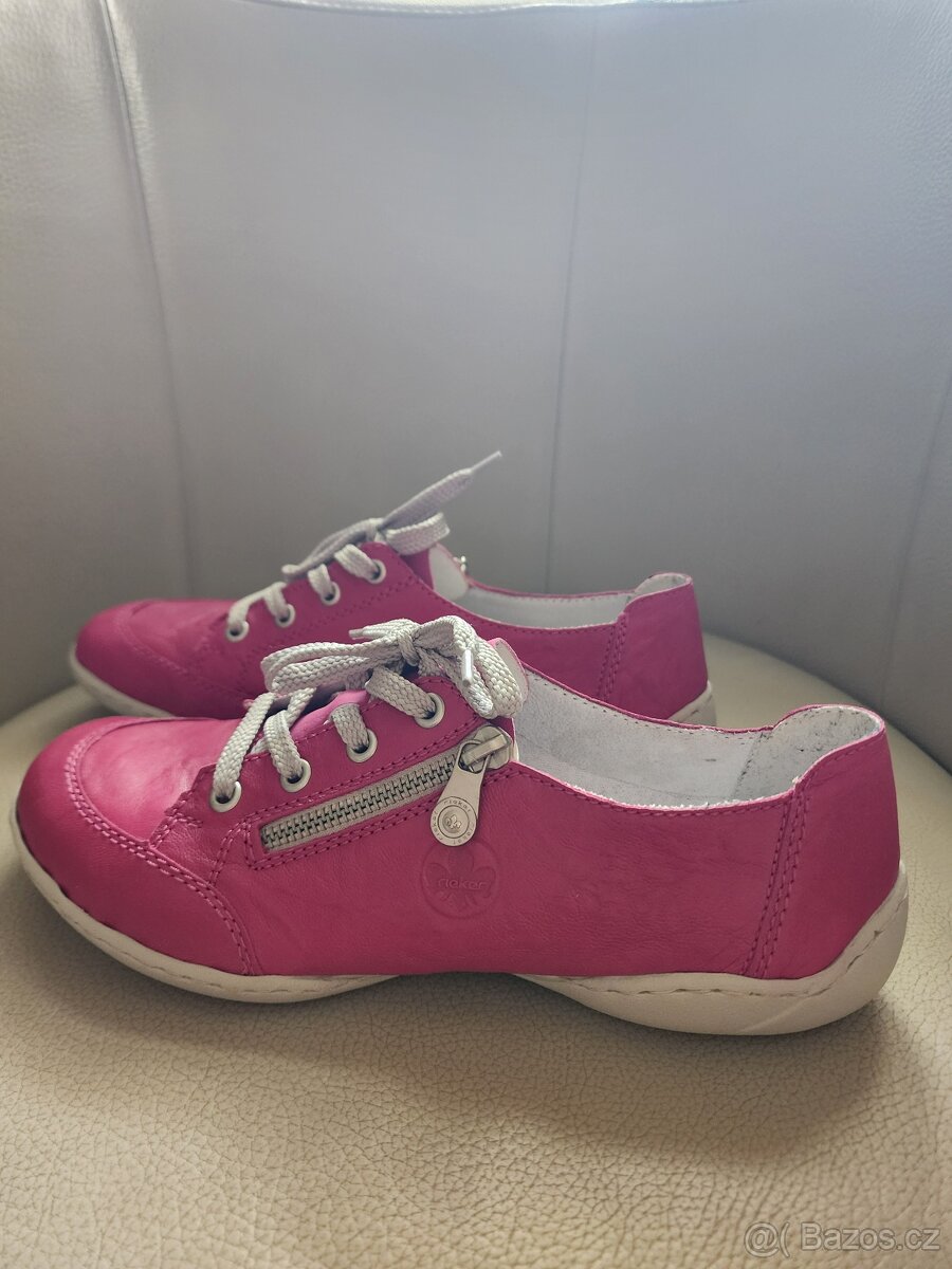 Rieker růžové kožené dámské tenisky, zip, tkaničky, 41 - 4