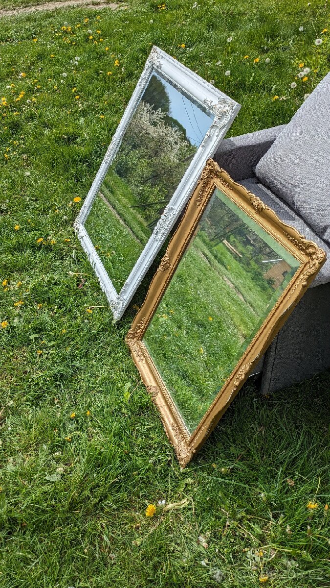 2 zrcadla, dřevěné rámy, zdobené a hladké, sklo brus faseta - 4
