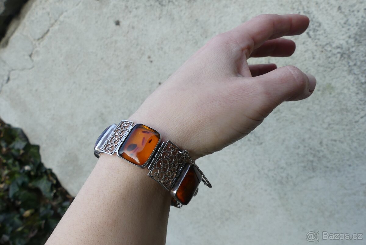 Luxusní stříbrný Art Deco náramek jantar, filigrán - 4
