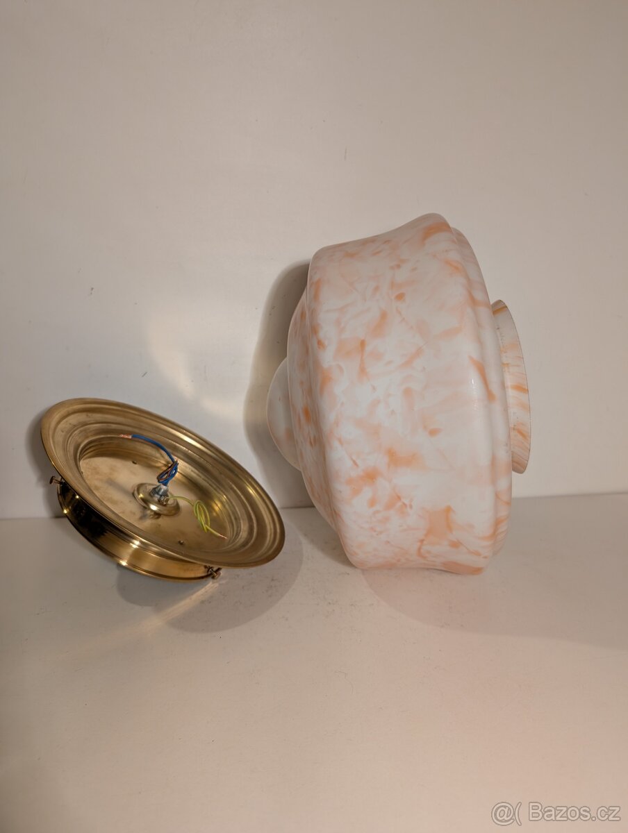 mosazný lustr, stropnice, staré žíhané stínidlo - 4