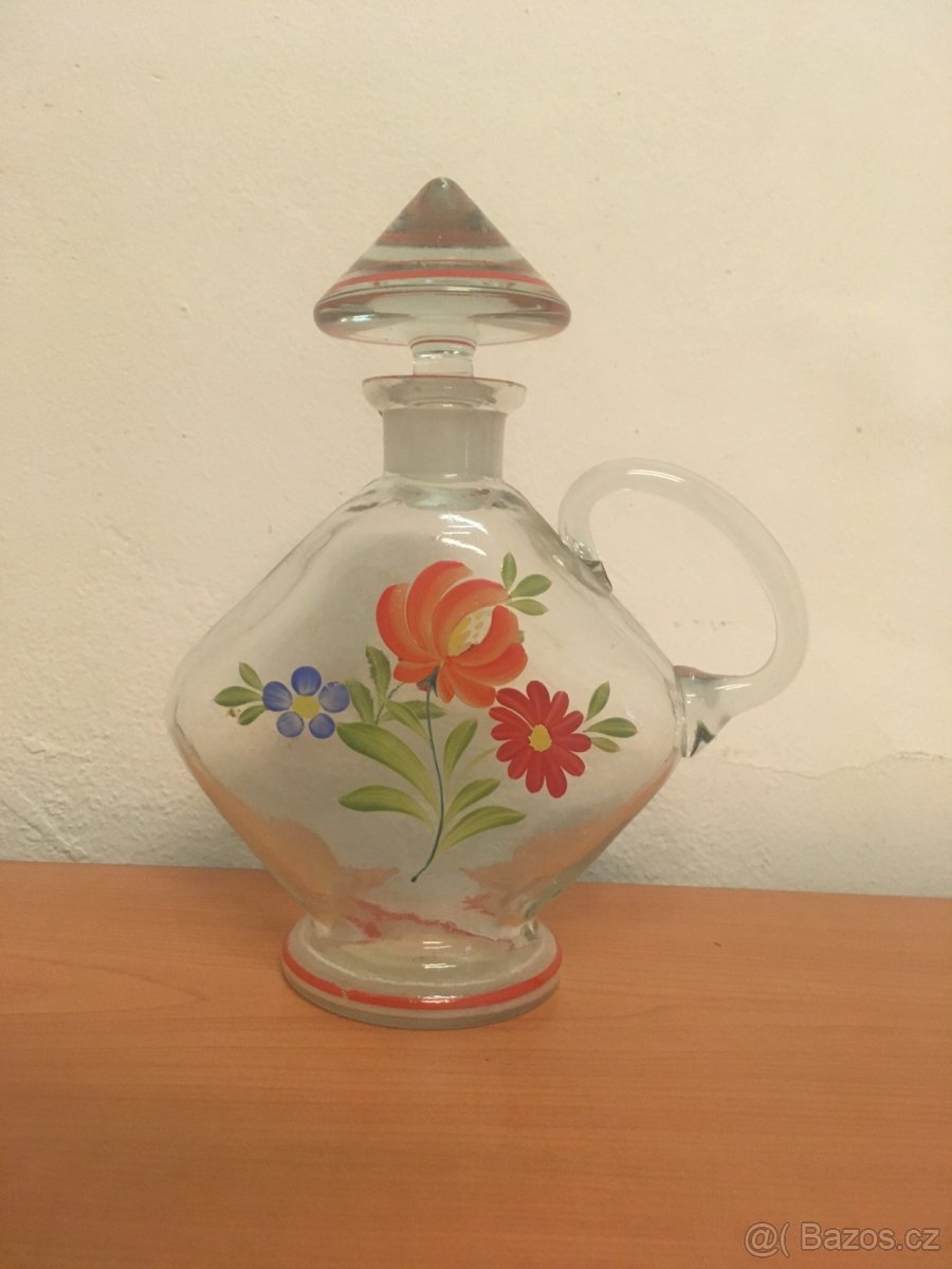 Starožitná skleněná malovaná karafa - lidové vzory - 4