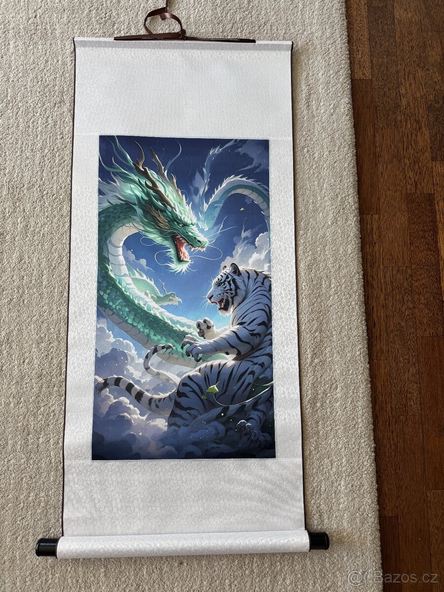 Tradiční čínský svitkový obraz, tygr a drak, 45x100 - 4