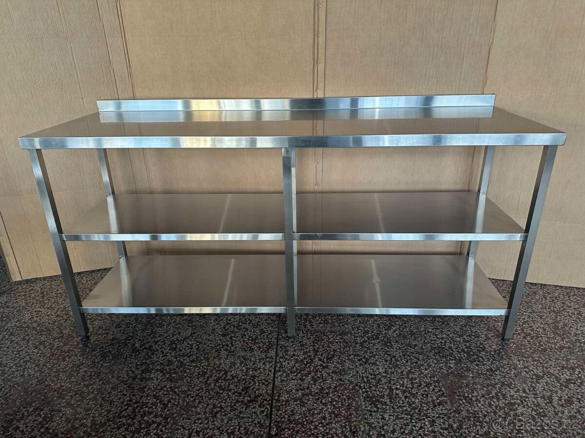 Nerezový stůl s lemem a 2 policemi - 4