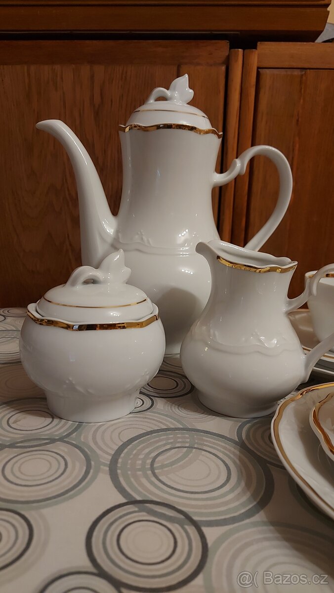 čajový servis, bílý se zlatým proužkem, - 4