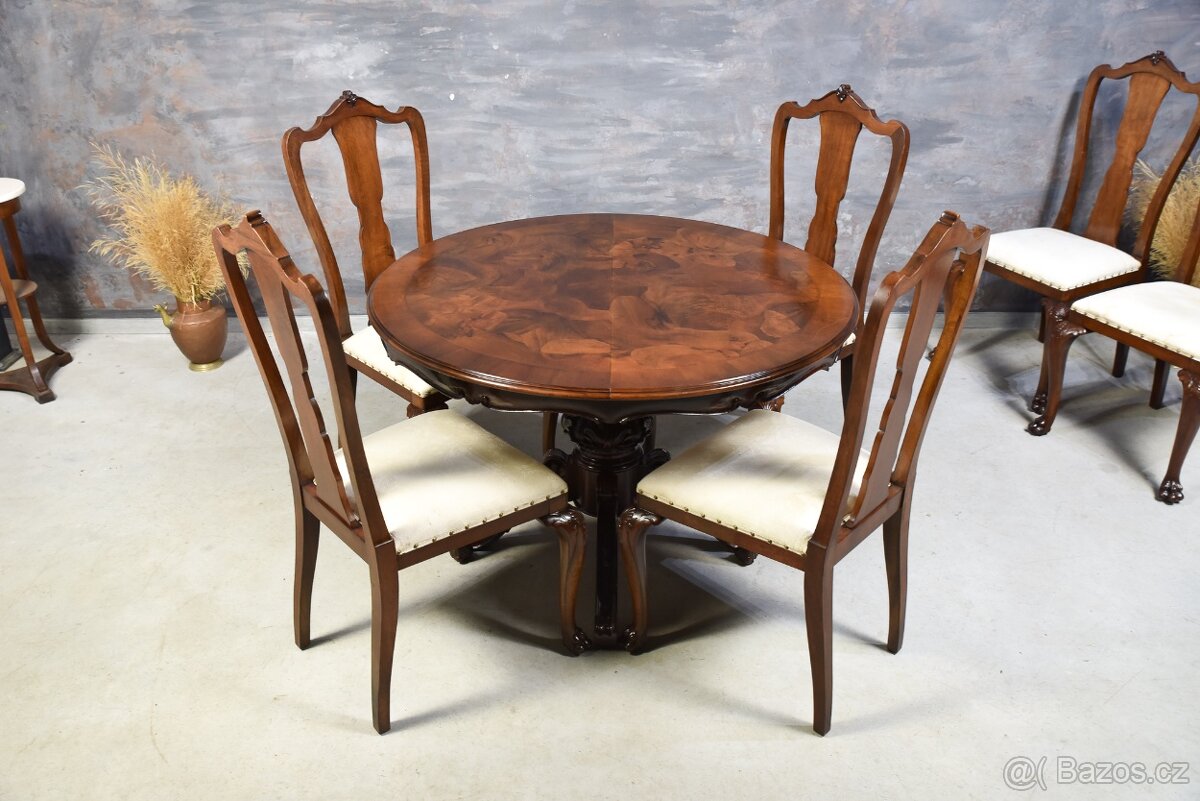STAROŽITNÝ STŮL+ ŠEST ŽIDLÍ - OŘECHOVÉ DŘEVO - 4