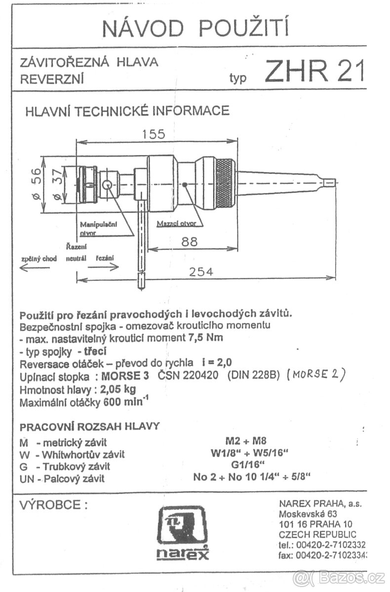 Závitořezná hlava reverzní NAREX Zhr 21 jednou použitá - 4