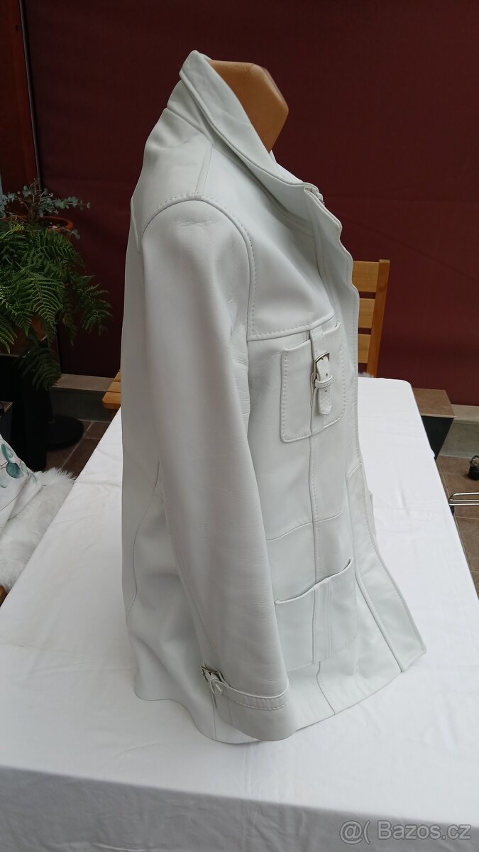 Kožená bílá elegantní delší dámská bunda Evoco vel.XL - 4