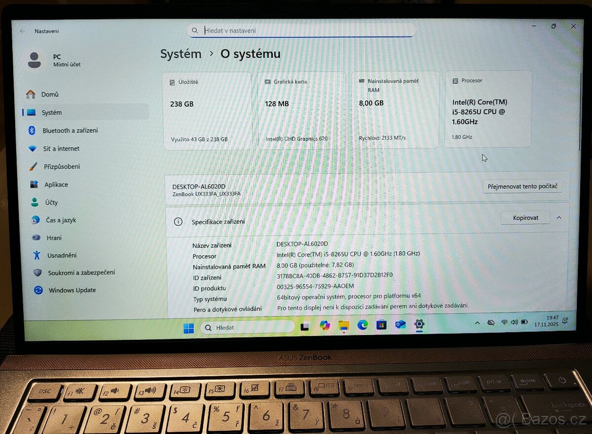 NTB Asus ZenBook 13,3”FHD-IPS/i5-8265/8GB/256GB SSD/Nová Bat - 4