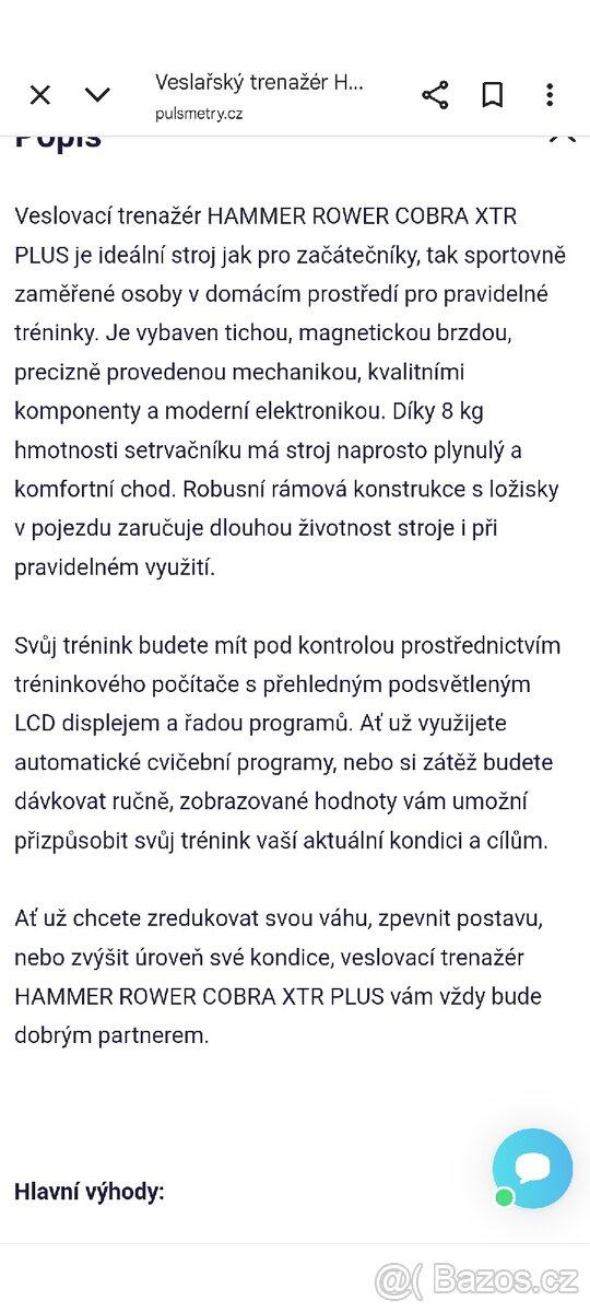 Veslovací trenažér Hammer Cobra XTR+ - 4