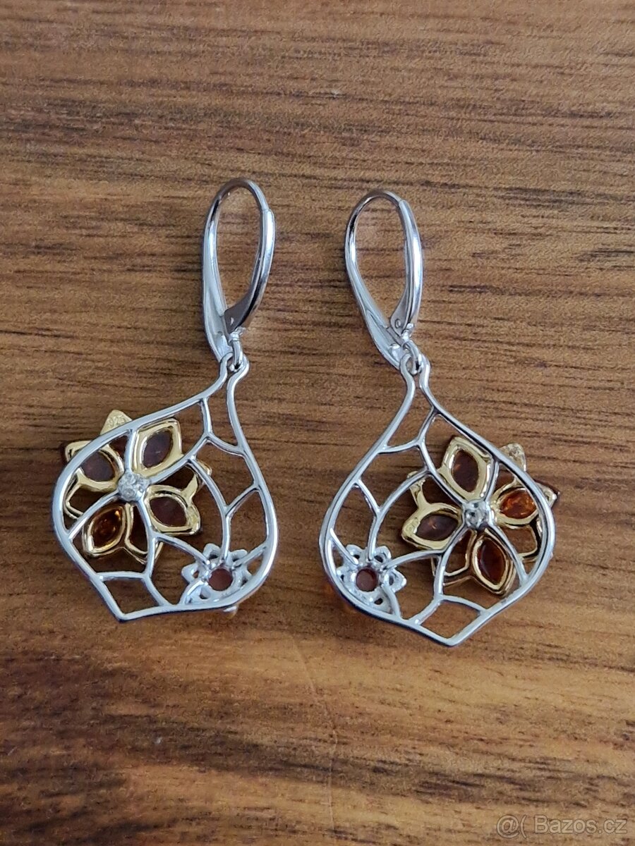 Nové nádherné stříbrné (punc 925) naušnice s jantar.kytičkou - 4