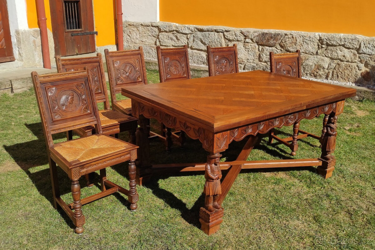 Starožitný dubový rozkládací stůl a 6 židlí - 4