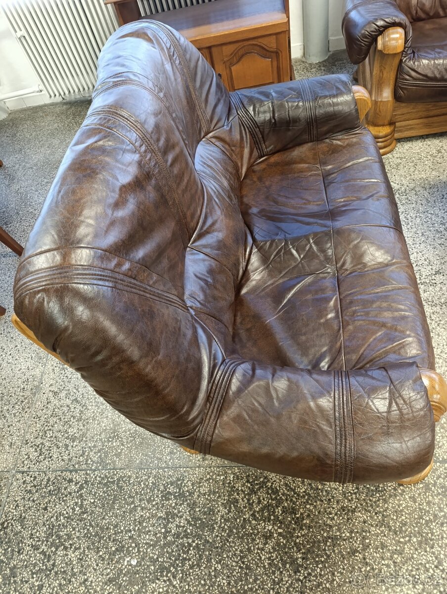 Rustikální kožená sedací souprava, 3 + 2 +1, masív - 4