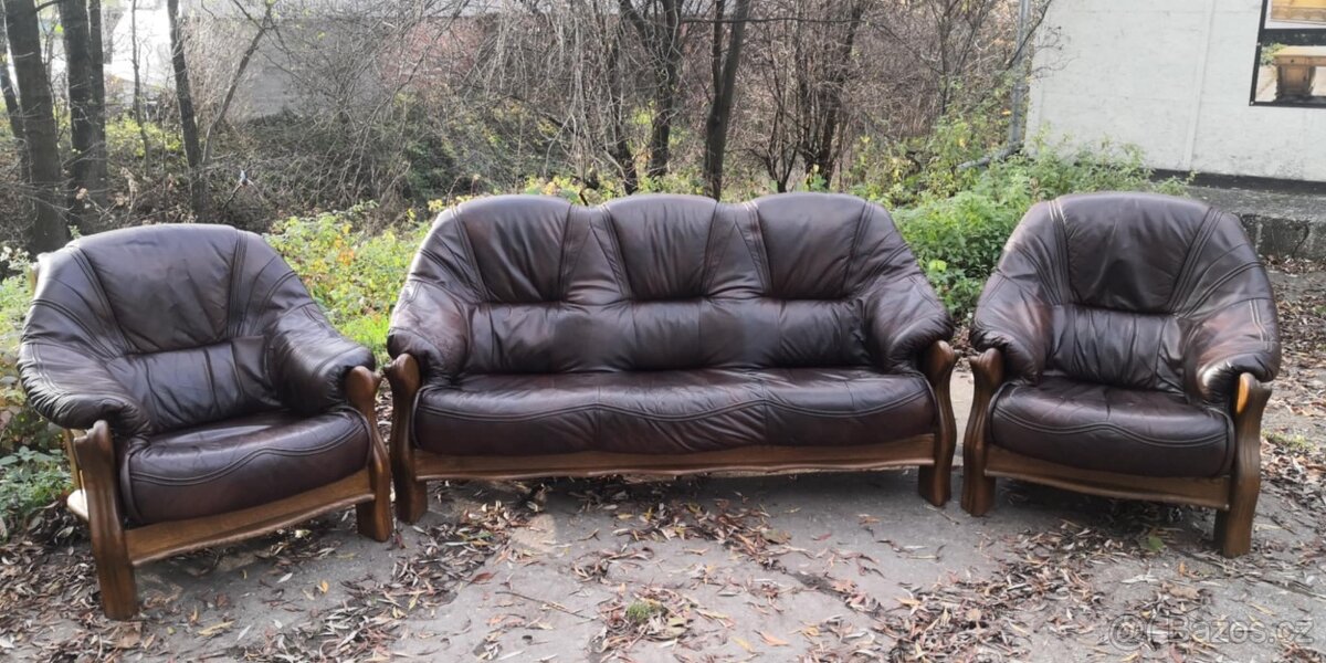 Kožená sedací souprava 3+1+1 s masivním dřevem - 4