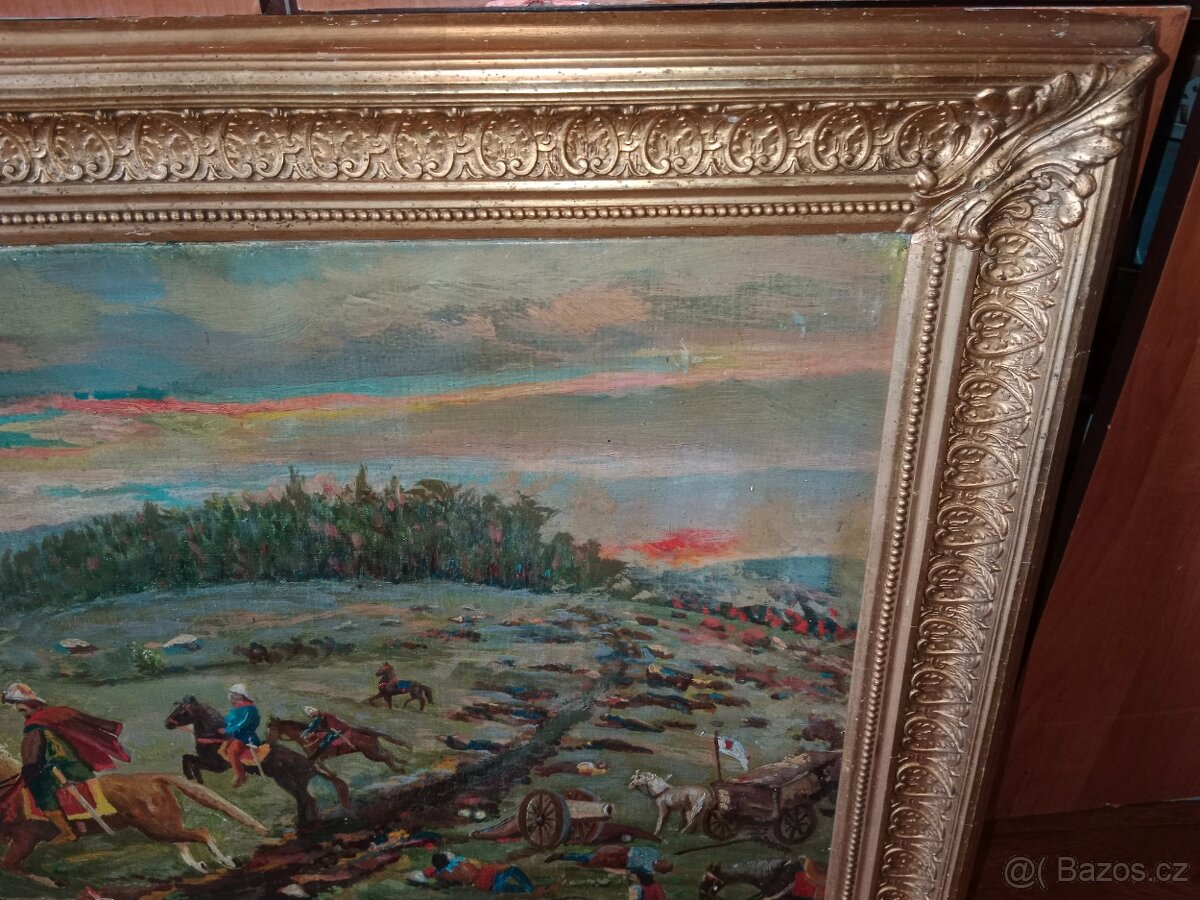 Pěkný,starý obraz-olej- bitva na poli - 4