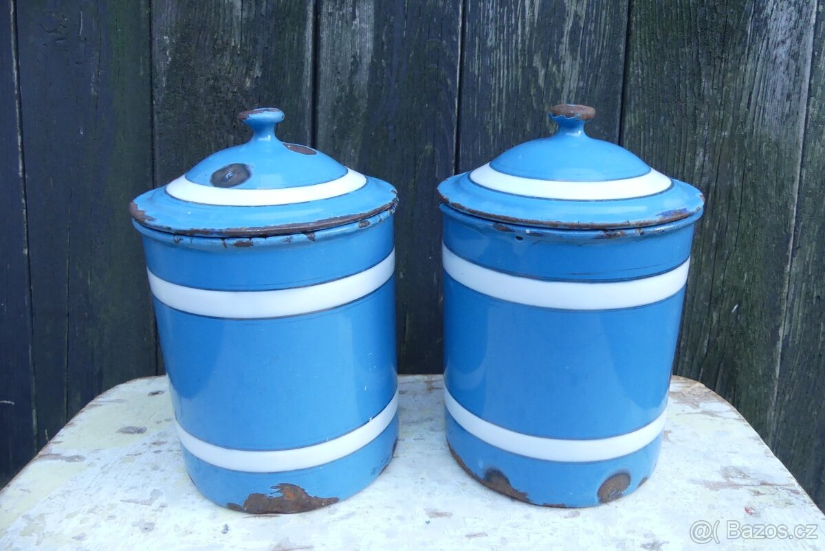 Cukr a káva, smaltované dózy s víkem, modrý smalt - 4