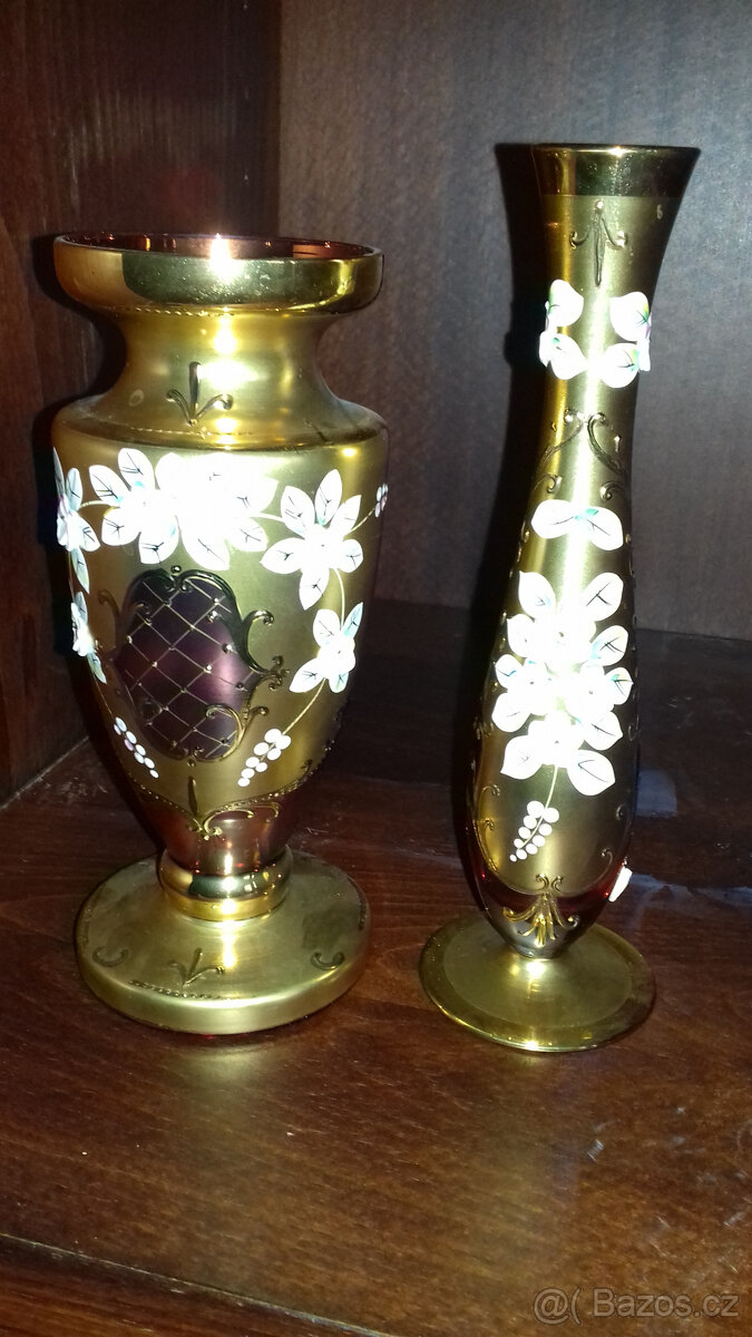 Borské sklo smaltovavé vázy,likér.sada v růžové barvě - 4