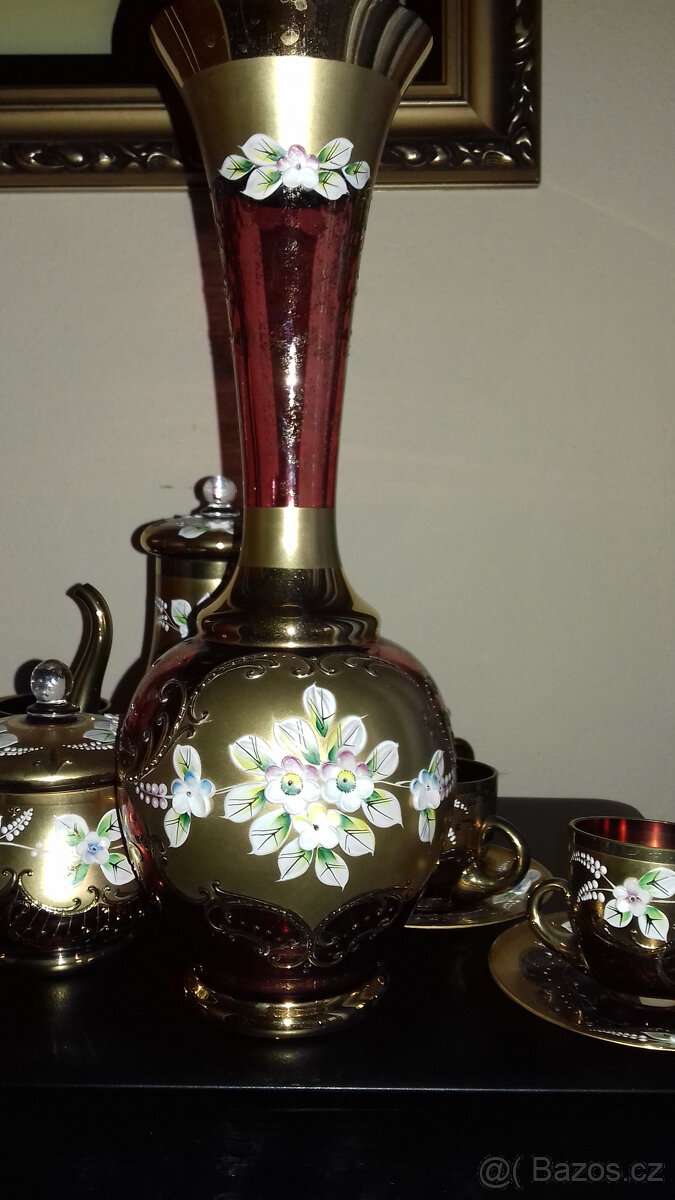 Borské sklo smaltovavé vázy,likér.sada v růžové barvě - 4