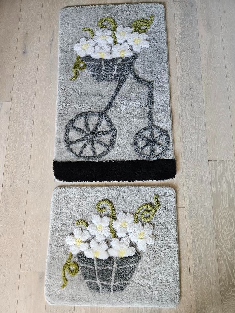 Koupelnová luxusní předložka nová, pratelná šedá bílé květy, - 4