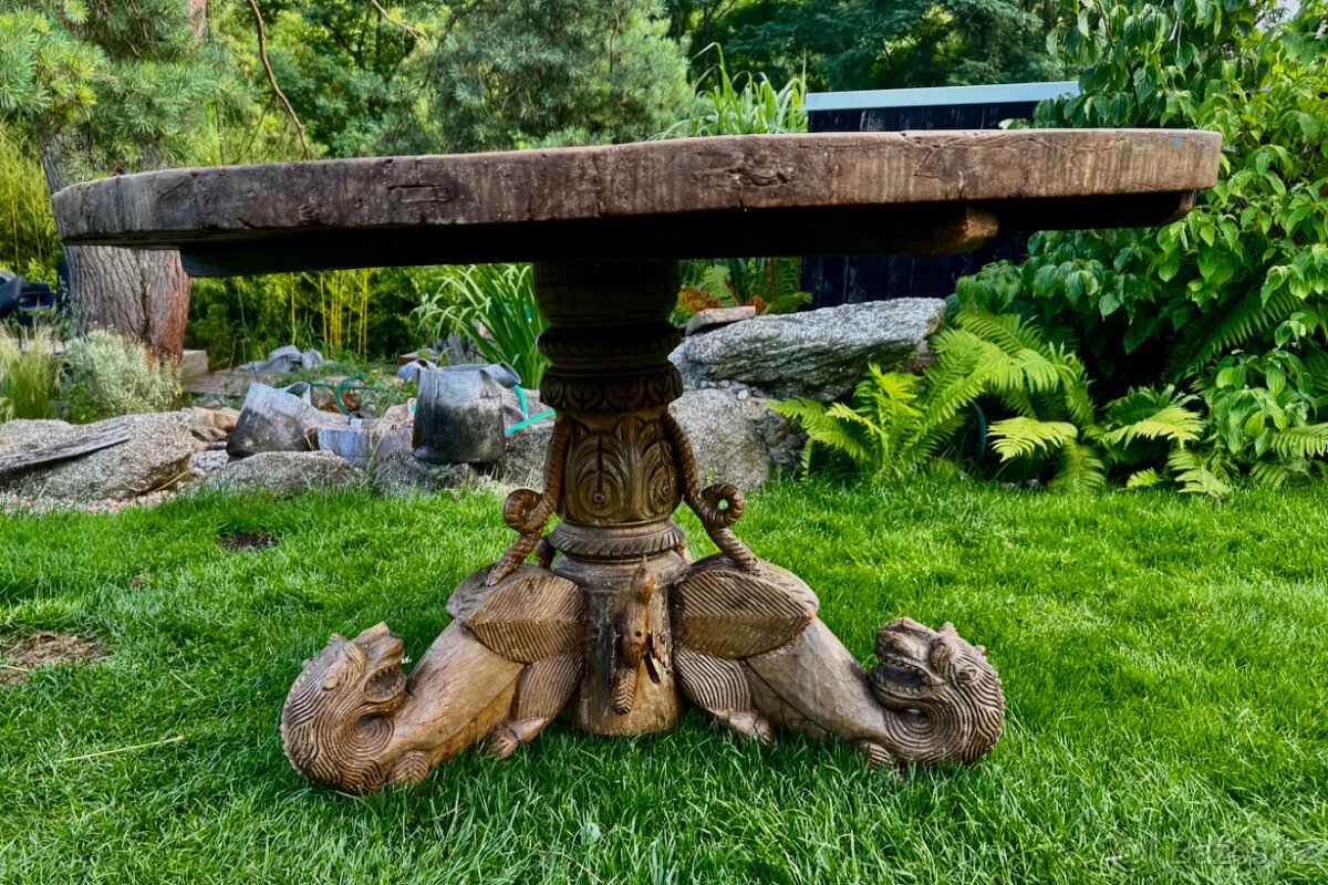 Masivní kulatý anique stůl z Asie 132 cm - 4