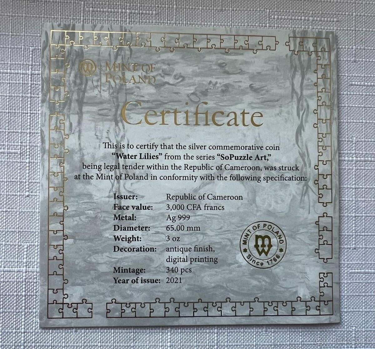 Stříbrná mince Claude Monet-Water Lilies 3oz - jen 340 ks - 4