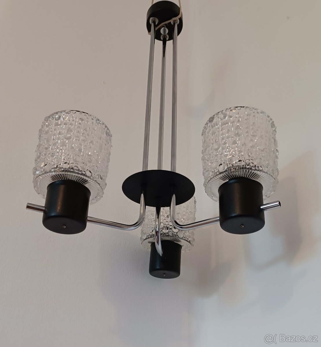 Tříramenný retro lustr 60. léta Elektroinstala-chrom,sklo - 4