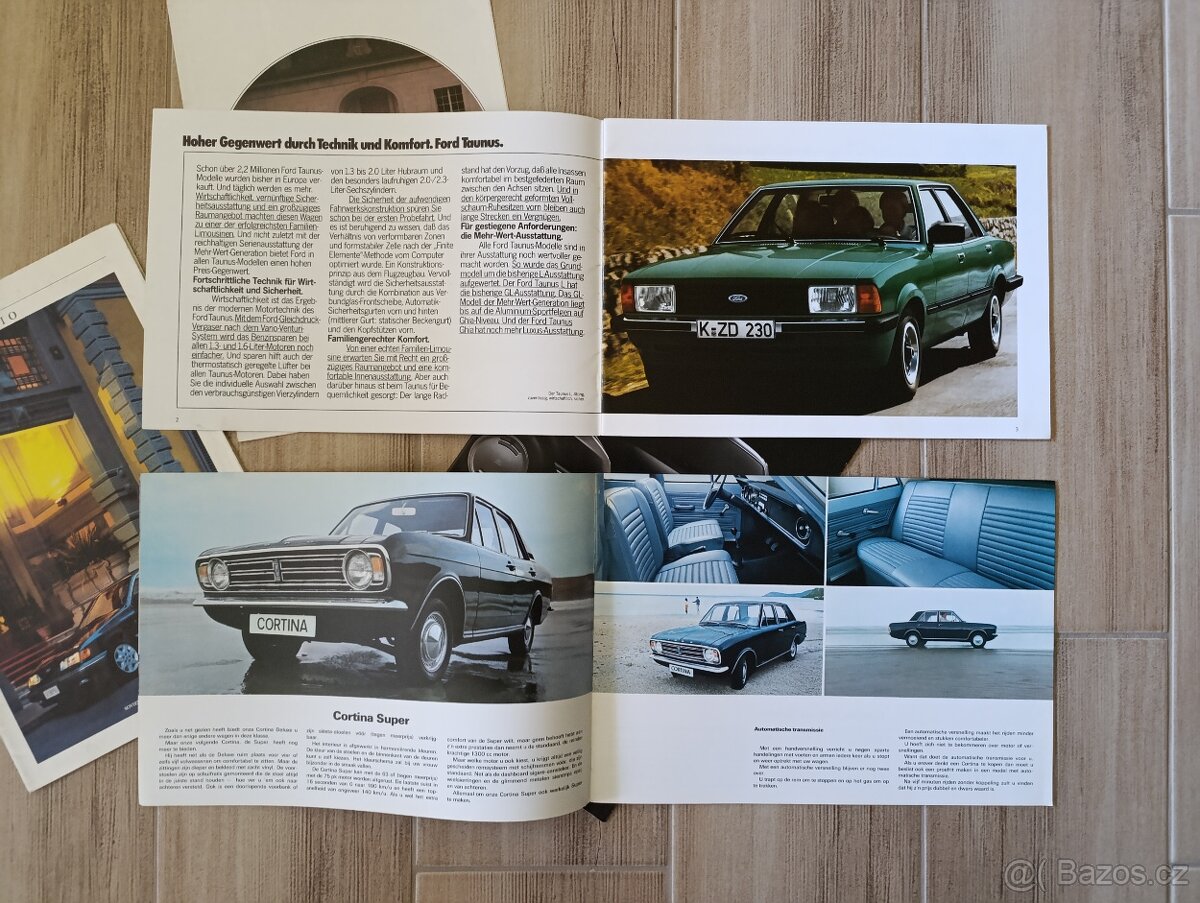 Prospekty Ford Escort Cortina Taunus a další 60.-90. léta.