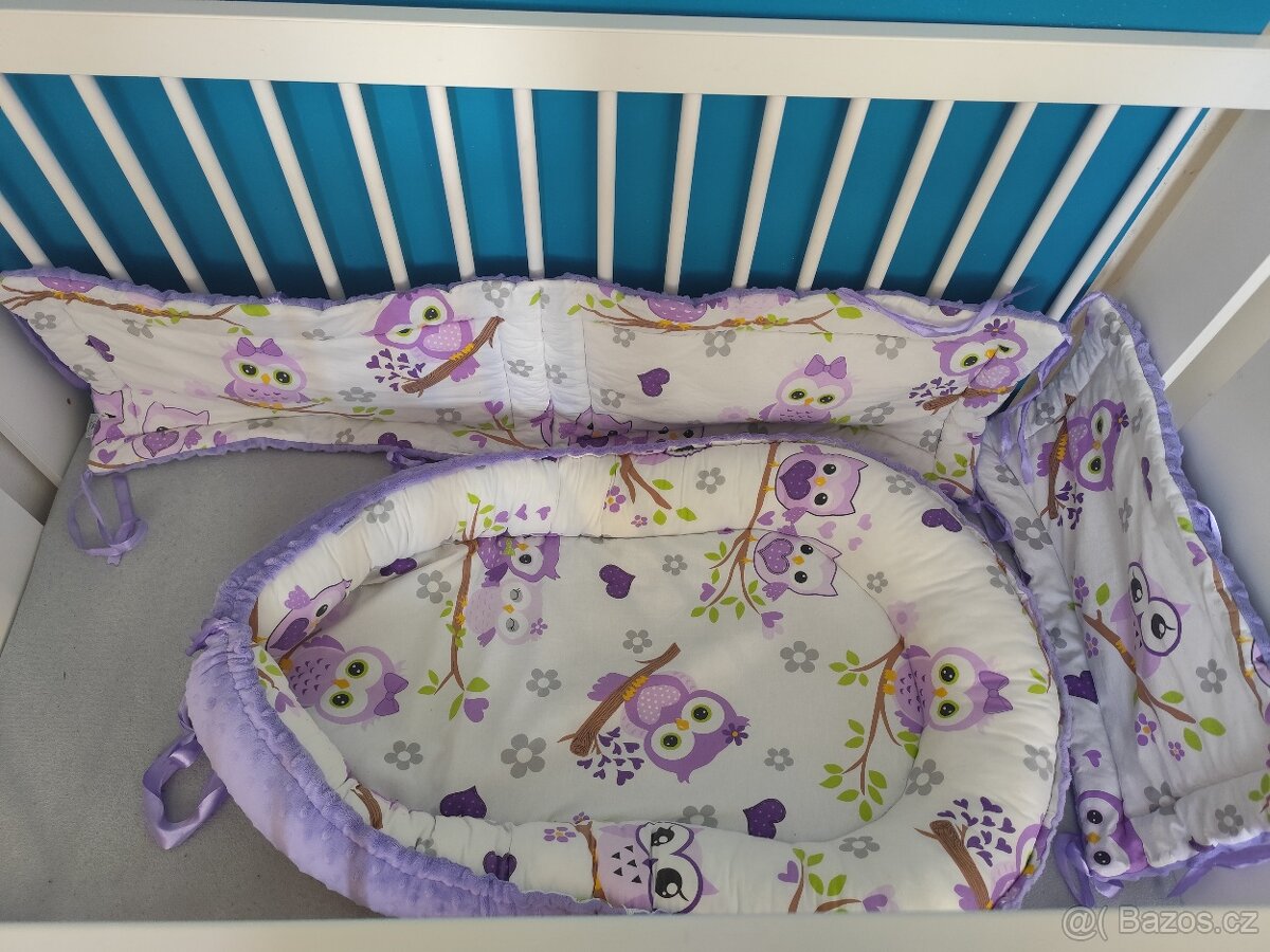 Hnízdečko s mantinely do postýlky – fialové sovičky - 4